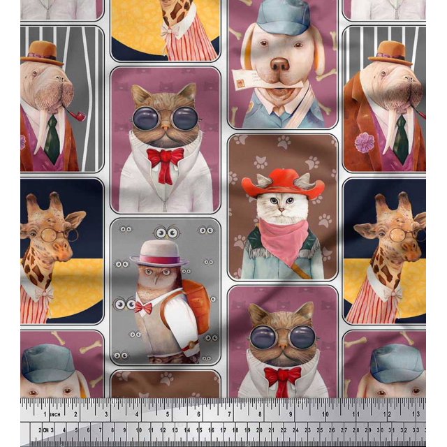 Soimoi Poly Georgette Fabric Paw,Hat & Animals Patchwork Decor Fabric Printed Yard 42 Inch Wide