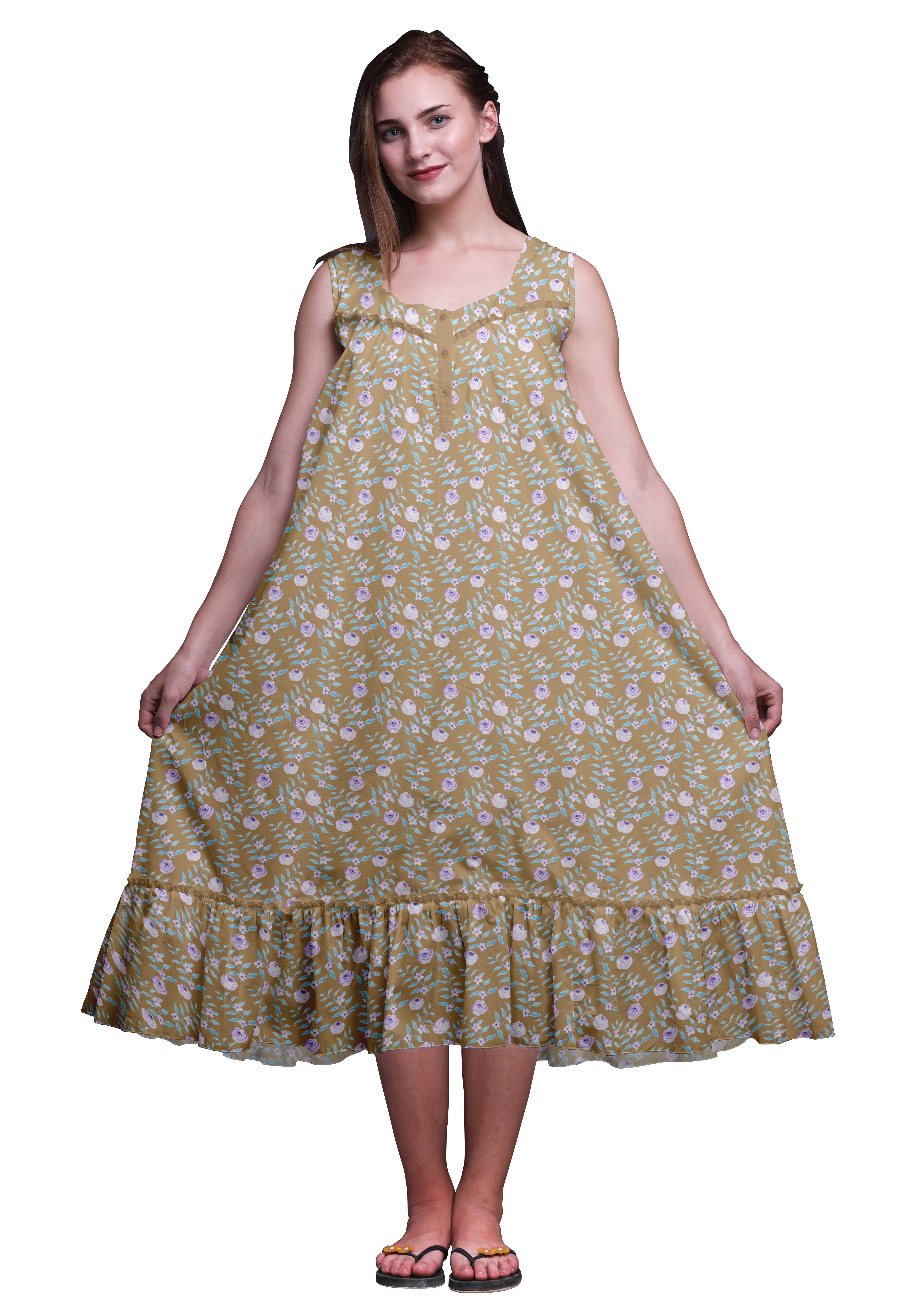 Bimba Chemises de Nuit en Coton Brun Clair à Imprimé Floral et Feuilles pour Femmes, Robe Sans Manches, Tenue de Nuit, Robe Maxi, XX-Grand