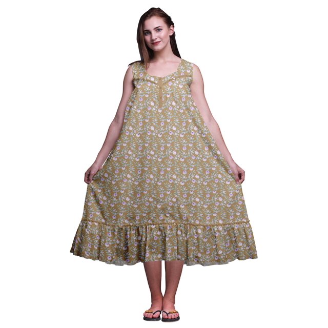 Bimba Chemises de Nuit en Coton Brun Clair à Imprimé Floral et Feuilles pour Femmes, Robe Sans Manches, Tenue de Nuit, Robe Maxi, XX-Grand