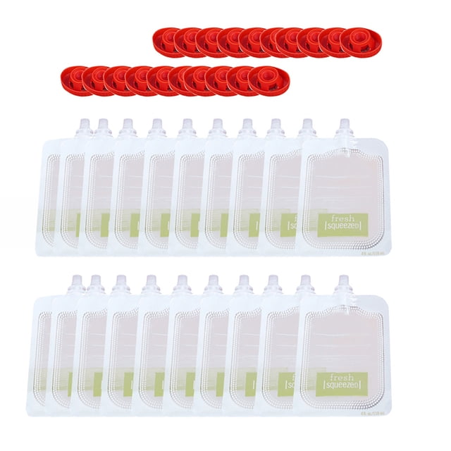 Baby 10/20/50PCS Food Pouches by Bagmrteho, featuring reusable and washable food storage bags with zip closures. Includes transparent pouches with 'fresh squeezed' labels and red screw-on caps. Ideal for storing baby food, snacks, juices, and more. Durable and portable for use at parties, camping, or on-the-go.