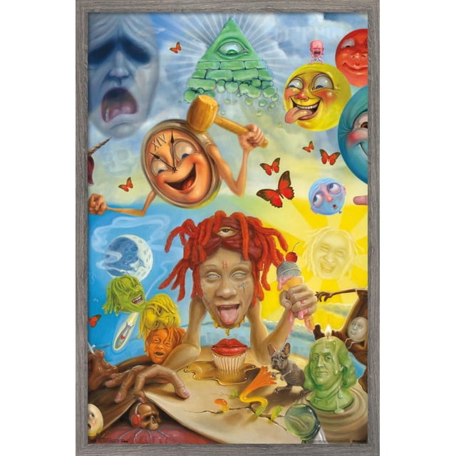 Trippie Redd - Affiche Murale Artistique, 22,375 Po x 34 Po Encadrée Mettant en Vedette des Personnages Surréalistes, Dont une Horloge avec des Bras Tenant un Marteau, une Pyramide Verte avec un Oeil, un Visage Souriant Jaune Qui Sortit Sa Langue, une Figurine Dreadlockée Rouge avec un Oeil, des Papillons Rouges, un cupcake avec des Lèvres et un Petit Chien, Posée contre un Ciel vibrant avec des Éléments de Soleil et de Lune, Convient à une Déco Intérieure Éclectique