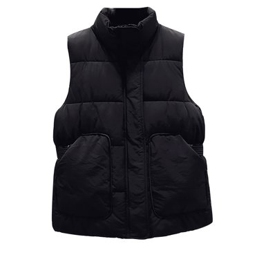 IROINID Women's Short Puffer Vest Stand Collar Solid Color Sleeveless Warm Pocket Vest Coat Short Winter Zipper Outerwear, Black