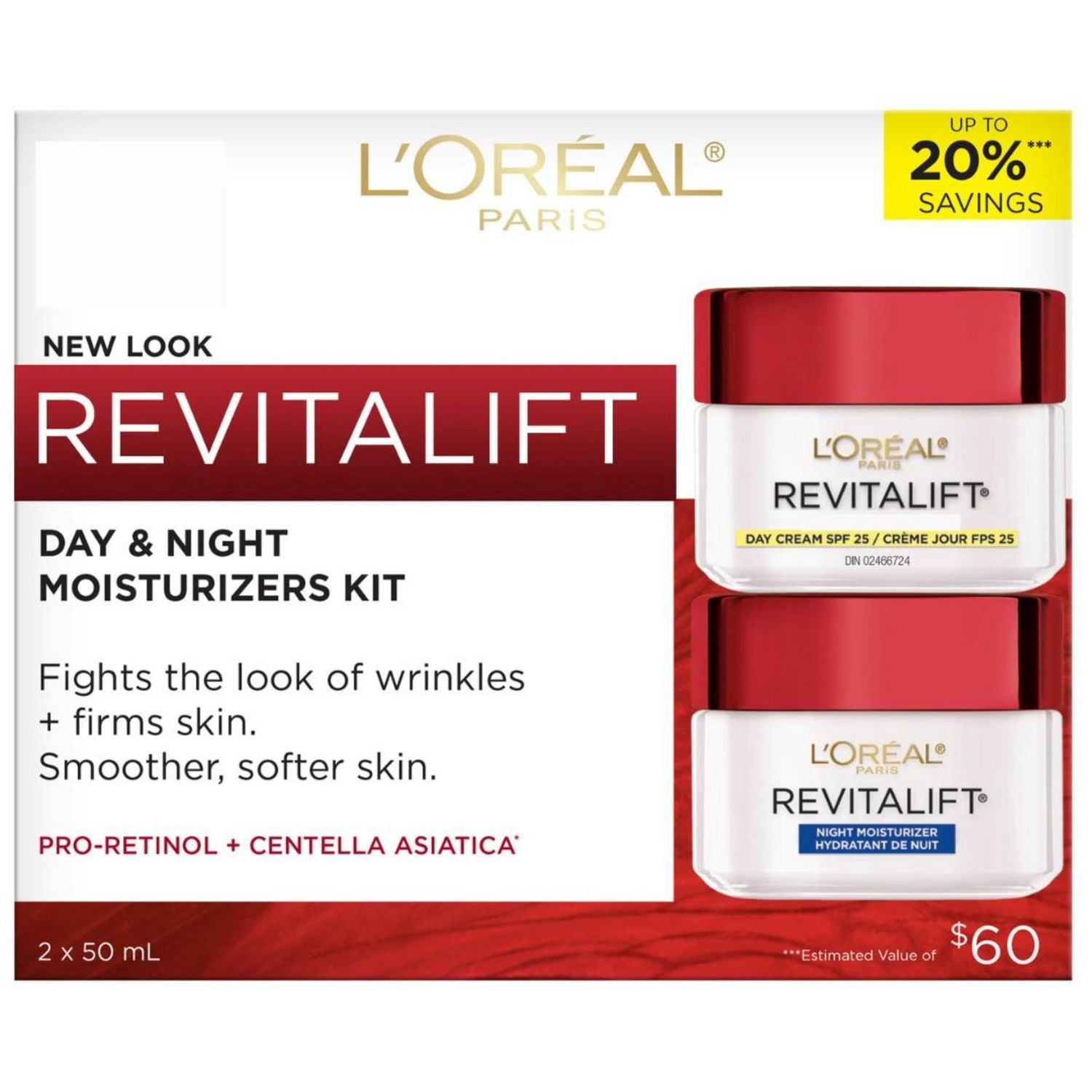 L'Oreal Paris Revitalift Anti-Wrinkle + Firming Anti-Aging Cream Day & Night Moisturizers , with Pro-Retinol & Centella Asiatica, 2x50 ml