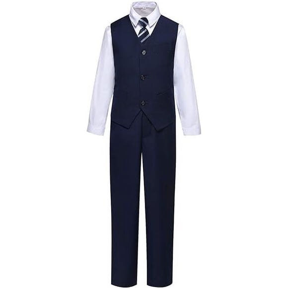 Ensemble de Complet Formel pour Garçons, avec Bretelles, Doubles Fentes, Taille Ajustable, Bleu Marine, 7T