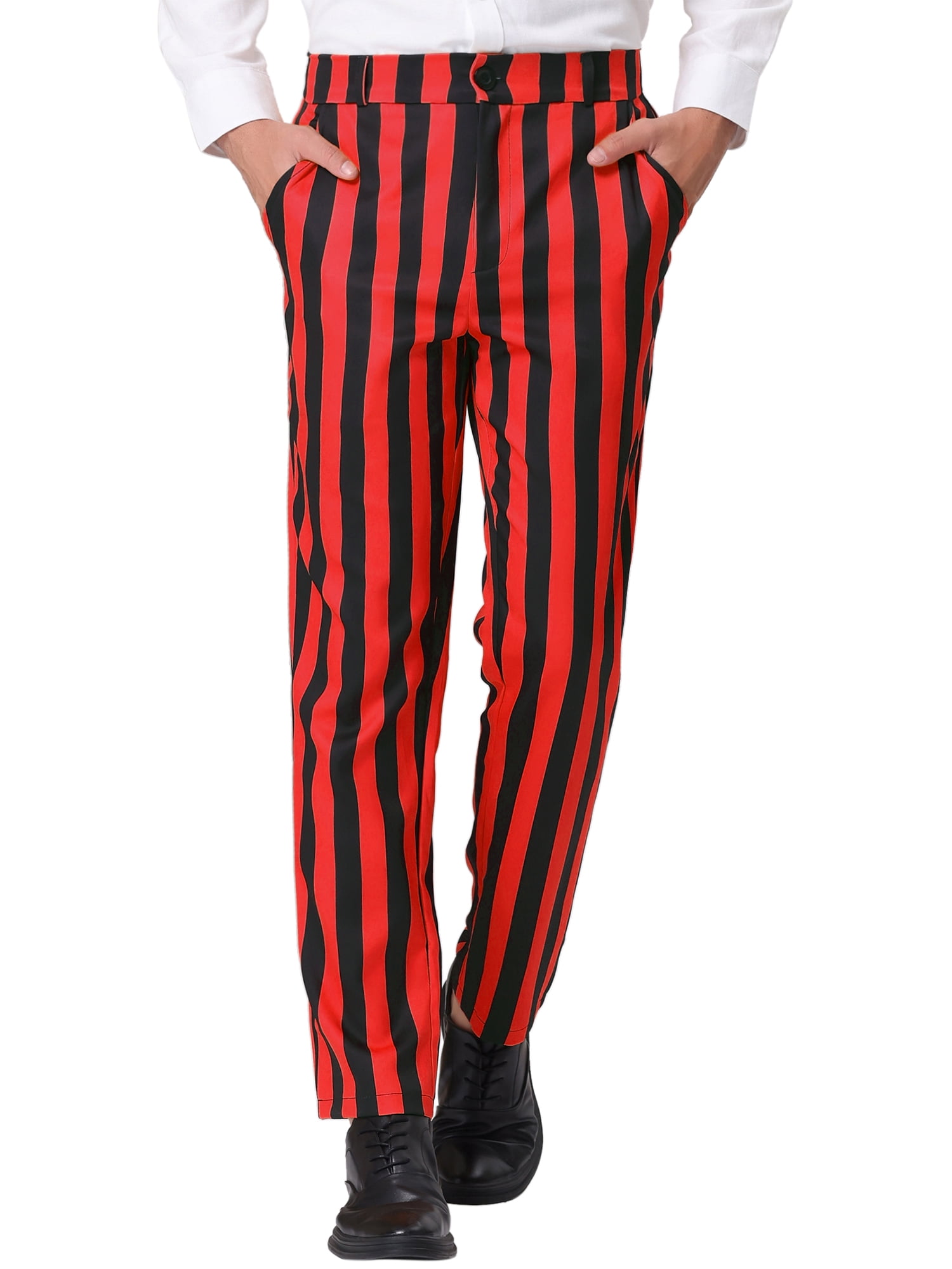 INSPIRE CHIC Men's Striped Pants Skinny Fit Contrast Color Button Zipper Trousers 28 Red Black
