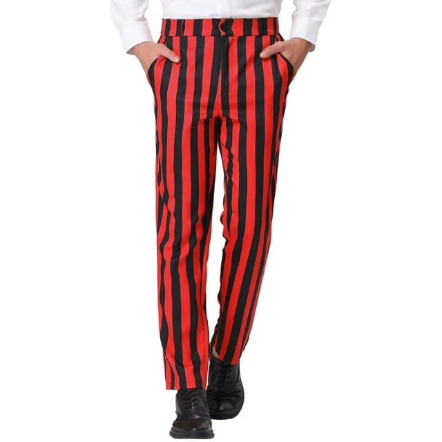 INSPIRE CHIC Men's Striped Pants Skinny Fit Color Block Dress Trousers 36 Red Black