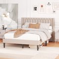 thumbnail image 4 of Gymax Queen Size Bed Frame Dutch Velvet Upholstered Platform Bed w/Wingback Headboard Beige, 4 of 10