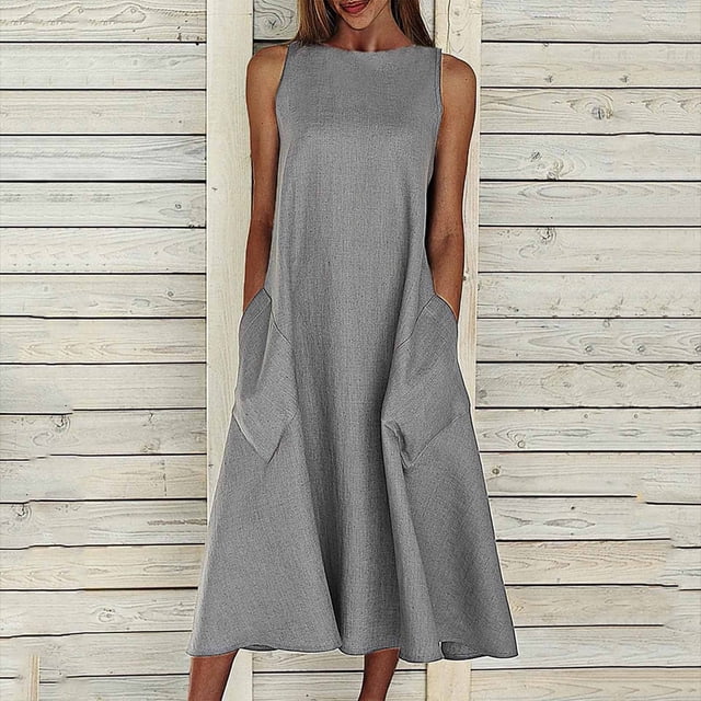 HKEJIAOI Robes Décontractées pour Femmes Offres Liquidation Cadeau de la Saint-Valentin Mode Femmes Uni Confortable Été Col Rond Dames Poches Robe Sans Manches Gris. une Robe d'Été Grise Sans Manches Faite de polyester Léger avec un design Col Rond et Deux Grandes Poches Latérales, Idéale pour Tenue Décontractée, Fêtes Ou Vacances.