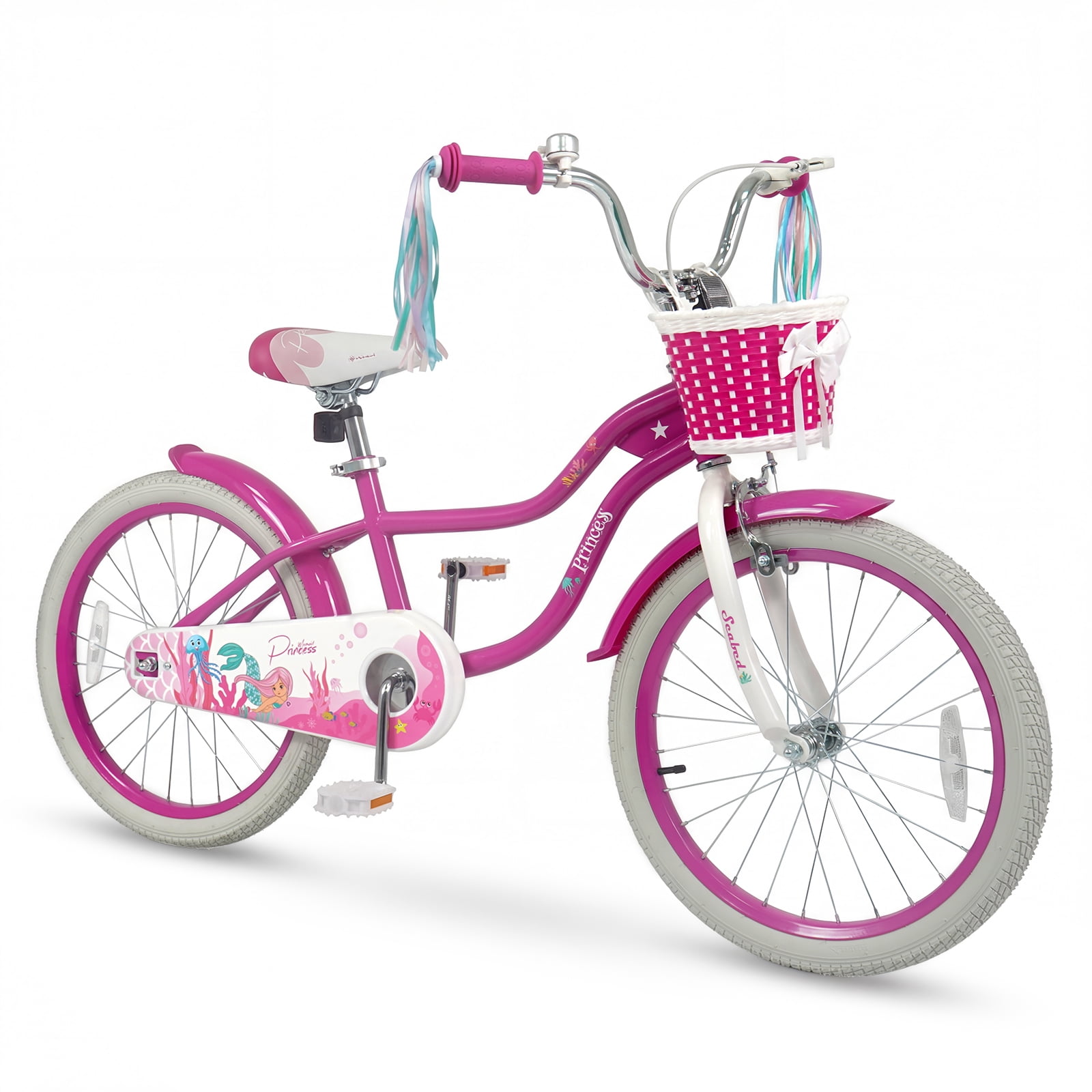 Costway 20” Girls Bike with Removable Basket, Streamers, Hand Brake & Coaster Brake, Saddle Rose Red