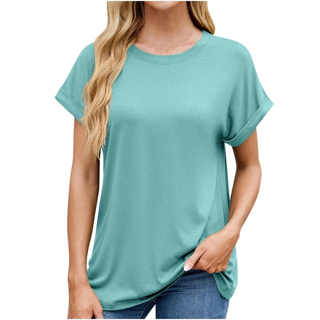 Plebaso T-Shirts à Manches Courtes Retroussées à Col Rond pour Femmes, Couleur Unie, Coupe Ample, Décontractés, d'Été, Basiques