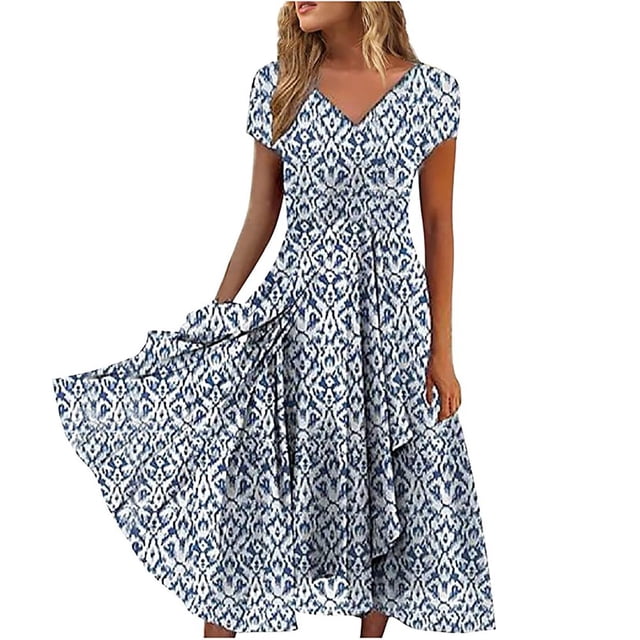 QJUHUNG Formel pour Femmes Soirée Robe Midi Été Col en V Manches Courtes T-Shirt Soirée Invitée de Mariage Style Asymétrique B-8 Cocktail Gris_i L