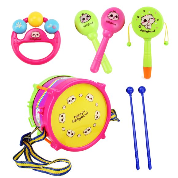 Hearth & Gear 5pcs Kids Baby Roll Drum Musical Instruments Band Kit Children Toy Toddler Girl Age 3-4 Big Worm on A String Cool for Kids for Kids Science Body Awareness Game Alphabet Activity Set -