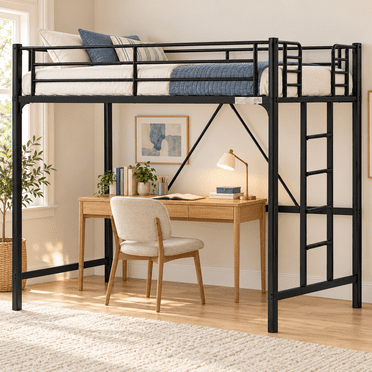 Ktaxon Upgrated Twin Loft Bed with Ladder Metal Bunk Bed with Flat Step Ladder for Kids Teens Adults, Black