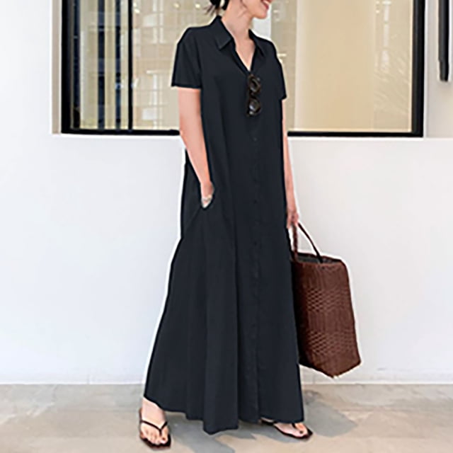 Jusqu'à 65 % de Réduction! Robes de Mode Été pour Femmes 2024 Grande Taille Décontractée Aguichant Col Rond Uni et Manches Courtes Robe à Boutons