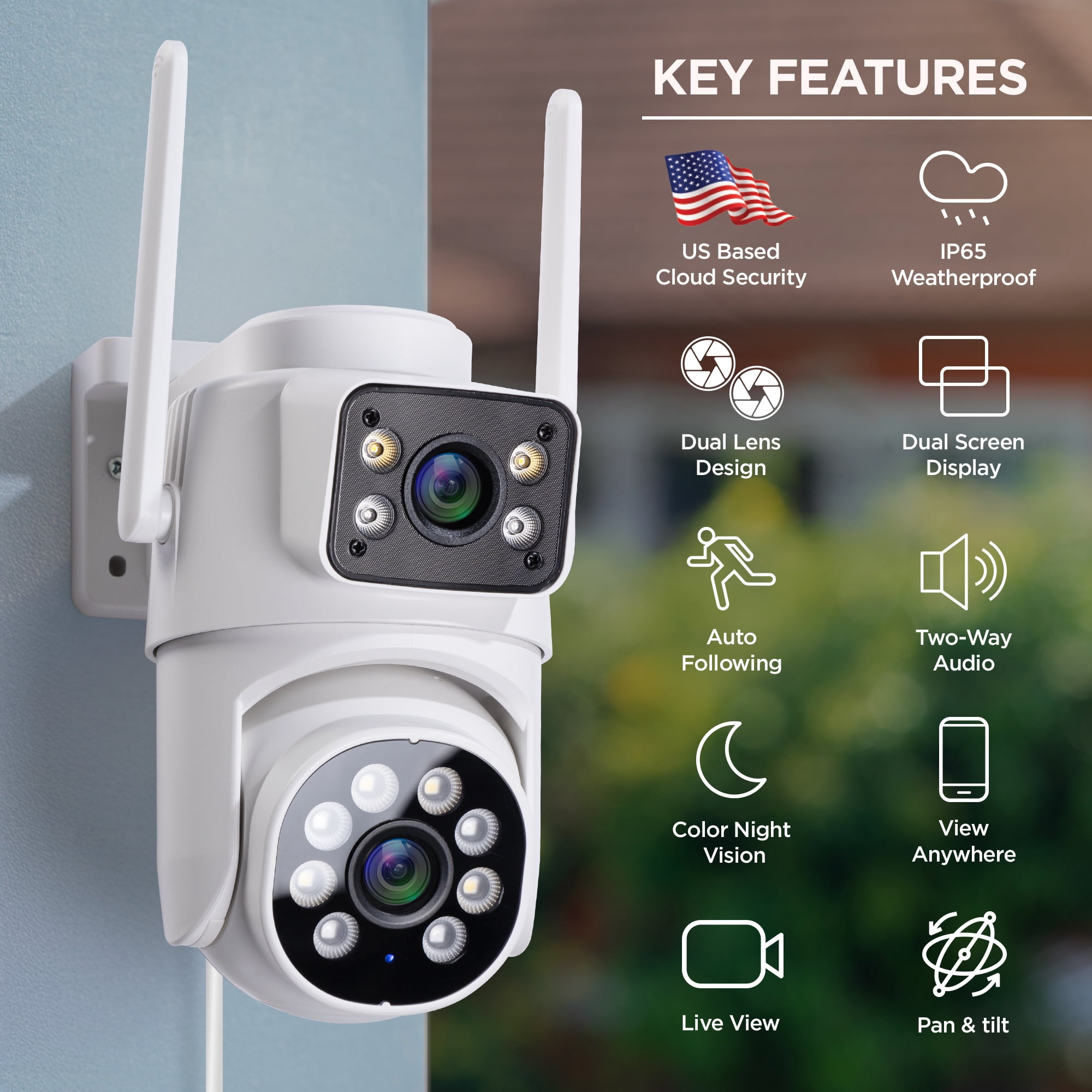 Merkury Smart Outdoor Camera 1080p - Dual Lens Pan-Tilt Security Cam, White (1-Pack)