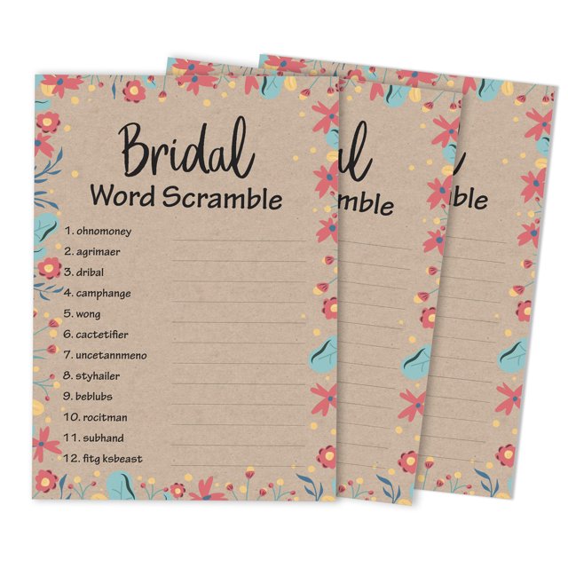 Inkdotpot Scramble Bridal ShowerGameCards Rustic Kraft FloralParty Wedding Supplies 50-Pack Wedding Word