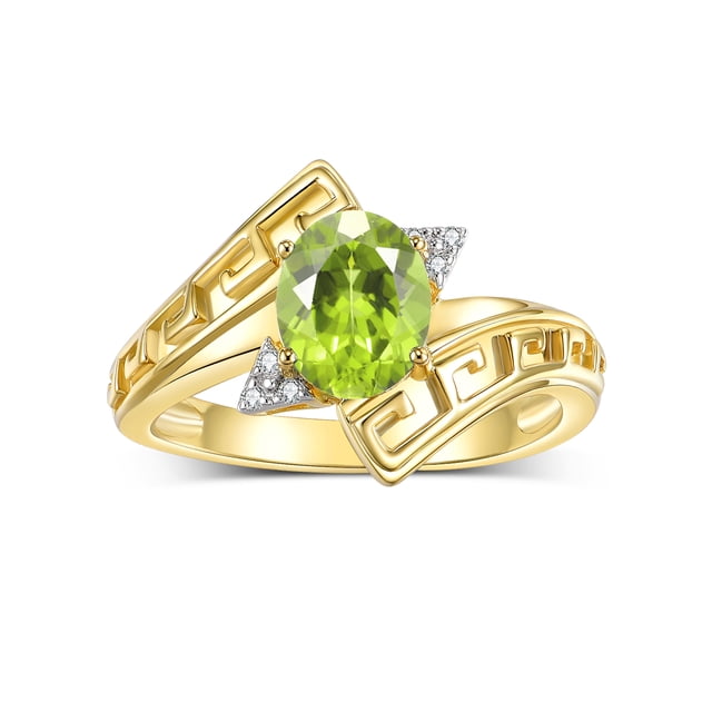 RYLOS Rings for Women 14K Yellow Gold Greek Key Designer Ring 9X7MM Gemstone & Diamond Ring August Peridot Jewelry Size 9