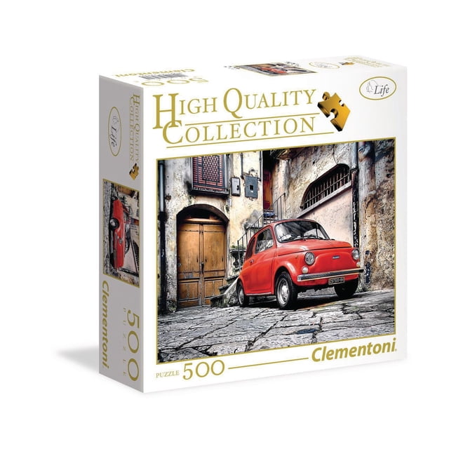 Clementoni Fiat 500, Casse-Têtes de 500 Pcs Présentant une Voiture Fiat 500 vintage Rouge Stationnée sur une Rue Galets devant des Bâtiments en Pierre Vieillis avec des Portes en Bois et des Fenêtres à Persiennes, Partie d'Une collection de Casse-Têtes de Haute Qualité Fabriquée en Italie Mesurant 14,20 par 19,33 Pouces, Souvent Utilisée pour les Amateurs de Casse-Têtes de Paysage Urbain Détaillé.