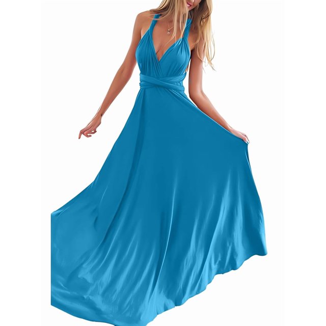 Women'S Multi-Wear Multi-Rope -Back Strap Dress Solid Color High Waist Sleeveless Maxi Dress Water Blue XL