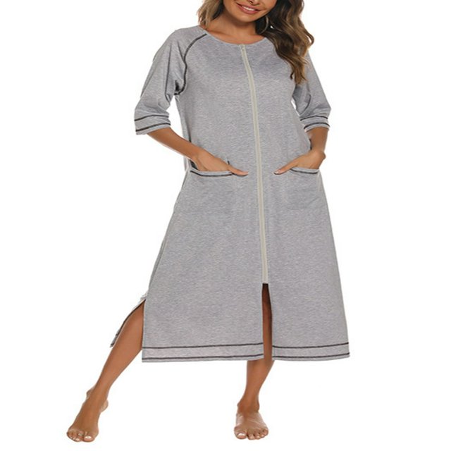 PENGXIANG Ladies Nightgown Short Sleeved Crew Neck Zip-up Slit Maxi Dress