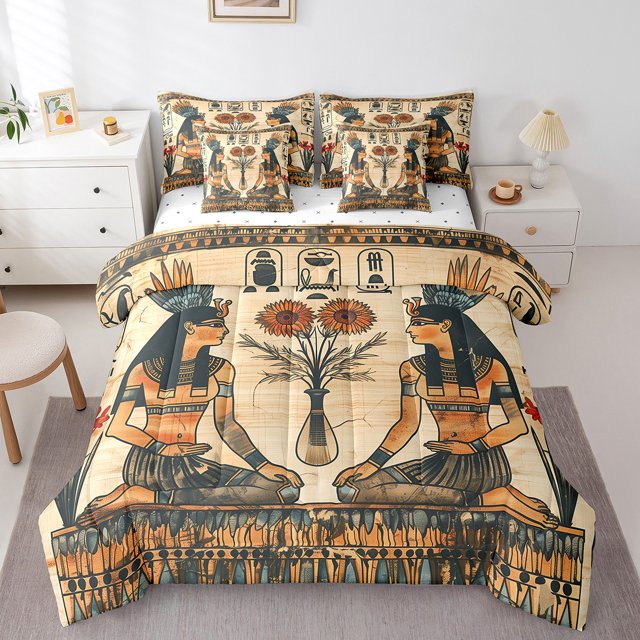 Erosebridal Ancient Egypt Civilization Pharaoh Bedding Sets Full Size, Mysterious Hieroglyphics Tribal Comforter Sets with Sheets, Reversible 7pcs