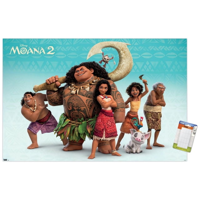 Disney Moana 2 - Affiche Murale de Groupe, 14,725 Pouces x 22,375 Pouces Encadrée Présentant des Personnages Principaux de Moana 2 Incluant un Grand Homme Tatoué Tenant un Crochet Sculpté, une Fille Confiante dans une Jupe à Motif Rouge, une Jeune Fille dans une Jupe orange avec un Coq sur l'Épaule, un Petit Cochon Assis devant, et Deux Autres Personnages Posés sur un Fond à Motif tribal Bleu, Idéal pour la Décoration Murale de Chambre Ou de Chambre d'Enfant.