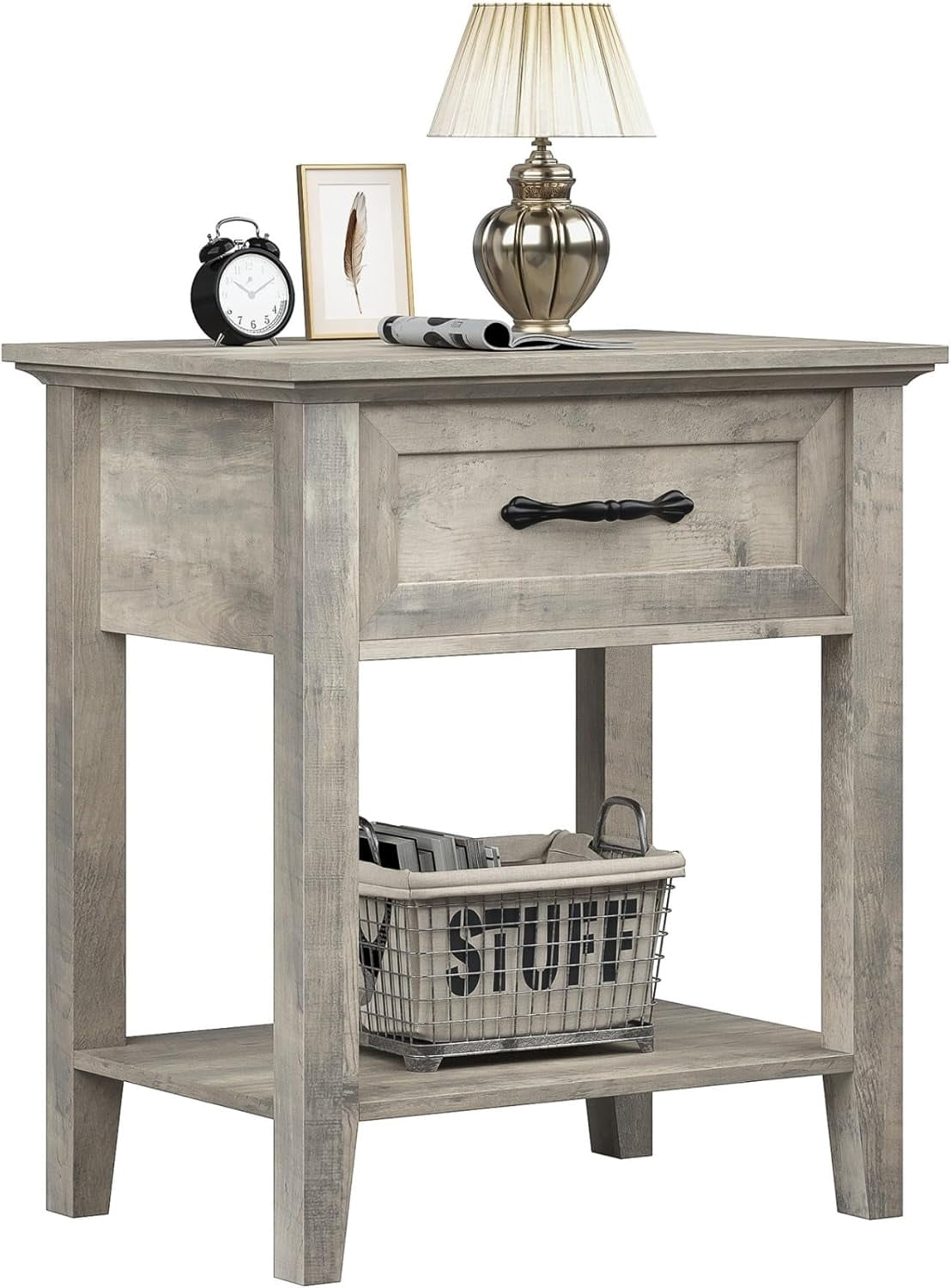Ourlova Grey Nightstand End Table with Drawer Side Table for Spaces 2 Tiers Storage Shelves with Dresser Bedside Table for Living Room Bedroom Dorm