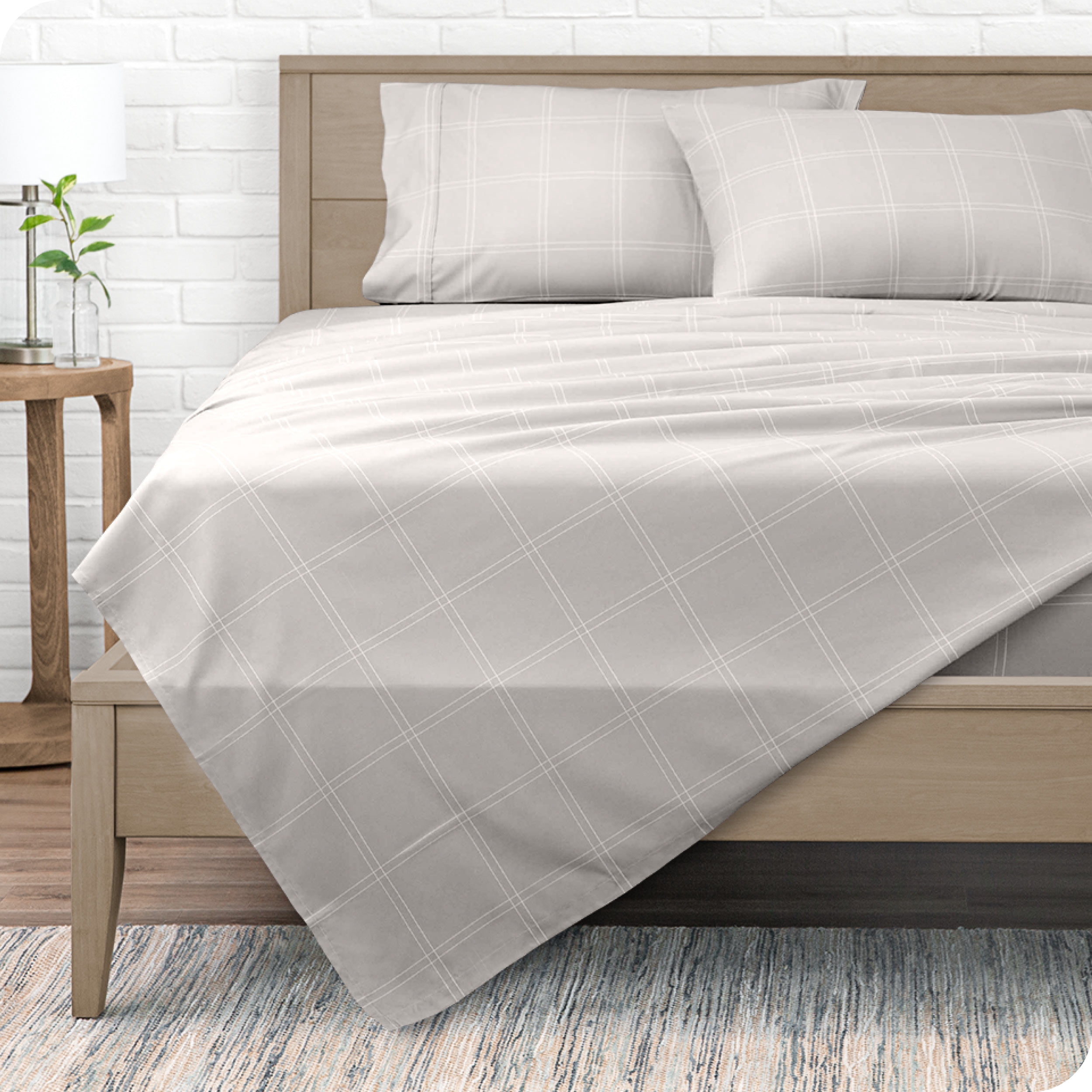 Bare Home Ultra-Soft Sheet Set - Premium 1800 Collection - Deep Pockets - 4-Pieces - King, Modern Plaid - Stone/White
