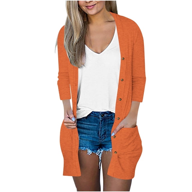 Womens Soft Button Down Cardigan Long Sleeve Light Weight Shirts Jacket Comfy Loose Fall Lounge Wear Tops Orange, M