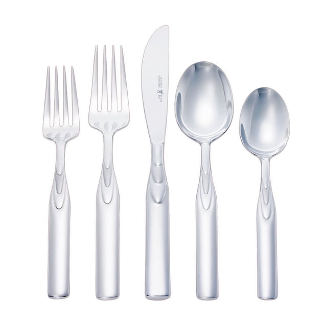 Henckels International Rapture 45PC Flatware Set displaying five polished 18/10 stainless steel pieces including salad fork, dinner fork, dinner knife, tablespoon, and teaspoon with European-inspired smooth handles, suitable for dining and entertaining.