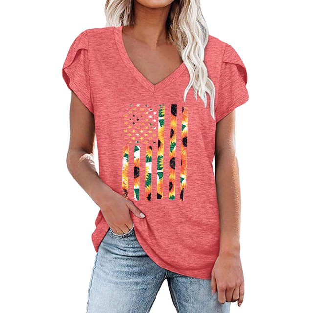 Pompotops Femmes Été V-Cou Imprimé Floral Tops T-Shirts Casual Pétale Manches Chemisier