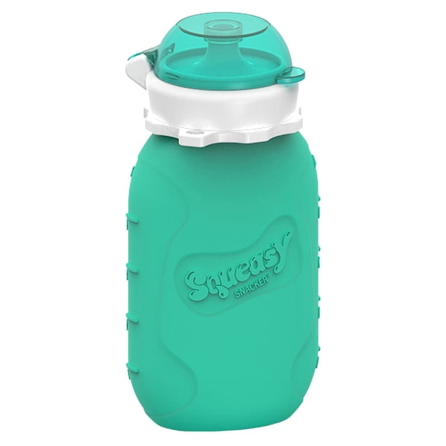 Squeasy Gear Snacker Baby Food Pouch in teal with a white collar and translucent teal cap, featuring a wide opening and ergonomic grip for easy filling and no-spill feeding on-the-go, suitable for purees, yogurt, and juices.