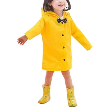 PMVFHDE Girls Rain Jacket Kids Hooded Button Down Long Jacket Bow Rainwear Lightweight Raincoat Yellow,7-8 Year