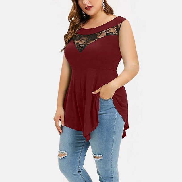 Levmjia Débardeurs pour Femmes Grande Taille Sans Manches en Solde Dentelle Florale Unie Col Rond Asymétrique Blouse