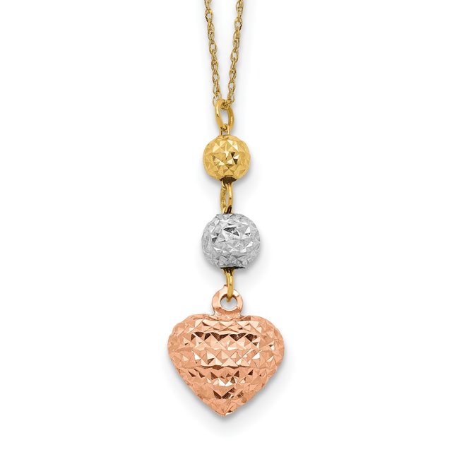 Diamond2Deal 14K Collier Chaîne Ropa Tricolore Perles Dorées et Cœur 18 Pouces pour Femmes