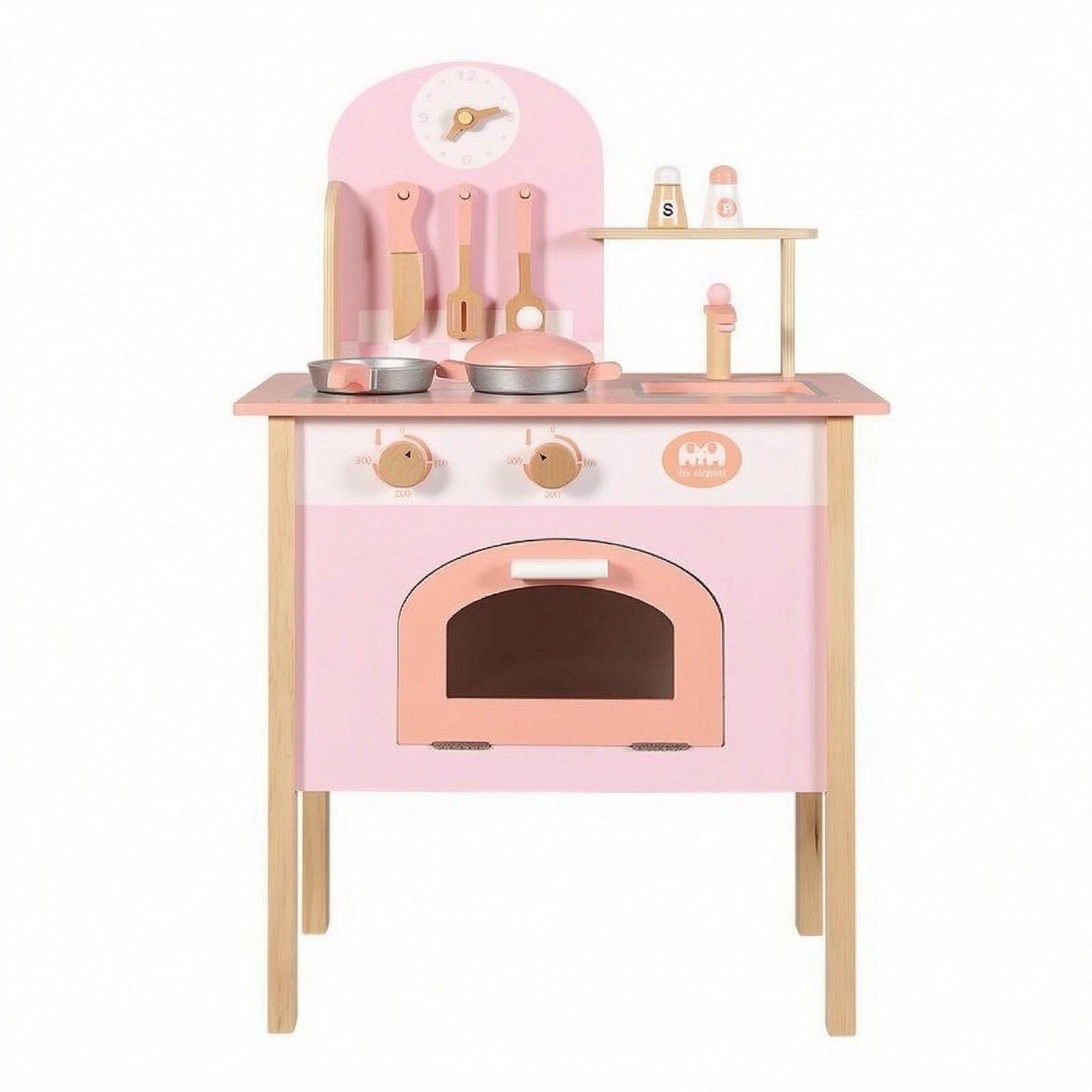kowaku Wooden Play Kitchen Freestanding Toy Kitchen Set Utensil Accessories Young Cook Playset, Pink