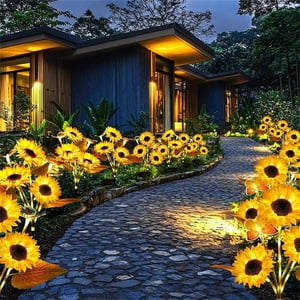 Lumières solaires de jardin de tournesol Led 27.56In | Réaliste Multi-Head extérieur des fleurs solaires avec effet de déplacement.