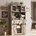 thumbnail image 3 of 72" Farmhouse Bar Cabinet with Sliding Barn Door, Tall Kitchen Buffet with Storage Hutch and 3 Drawer, Rustic Coffee Wine Bar Sideboard with Wine & Glasses Rack, for Living Room, Washed Grey, 3 of 4