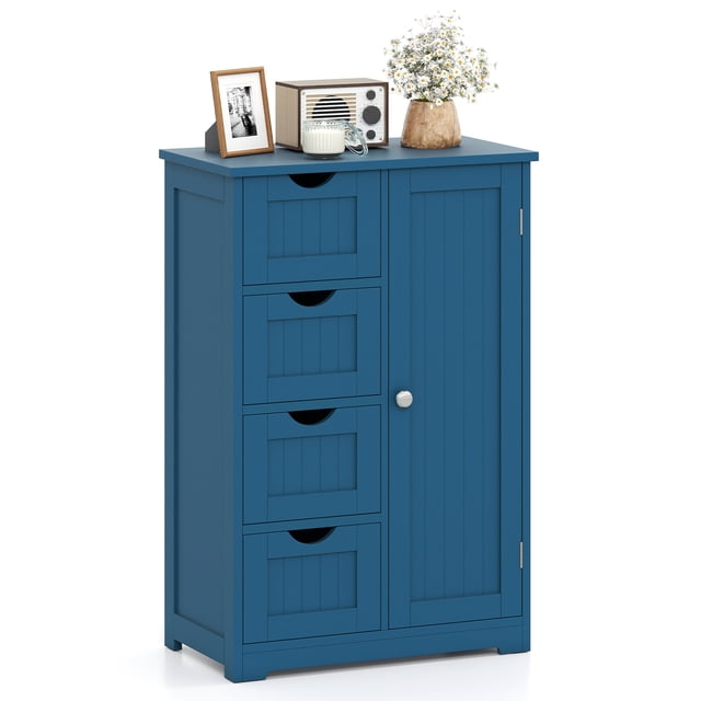 Gymax Armoire de Salle de Bain Autoportante en Bois à 4 Tiroirs Armoire de Rangement Réglable Bleu