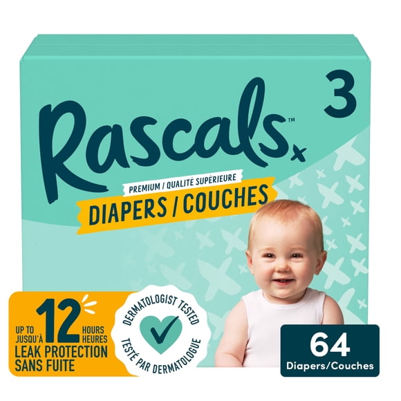 Rascals Premium Absorbent Baby Diapers, Size 3, Small Carton, 64 Count