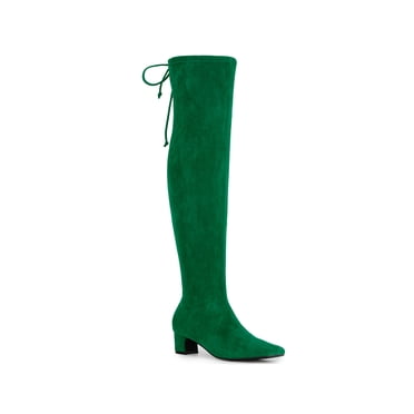 BLISSFUL STEP  Women's Boot  Faux Suede Thigh High Chunky Heel Square Toe Back Lace Up Side Zipper Boots Green 7