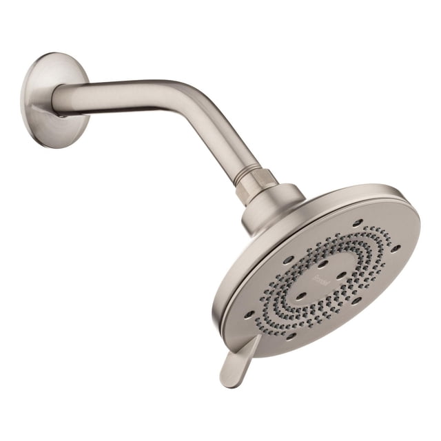Nebia Yuba 5-Setting Fixed Showerhead, 1.5 gpm, in brushed nickel finish with a 5.3-inch diameter round face featuring concentric spray nozzles and a lever for adjusting five spray settings, mounted on a curved shower arm with matching wall flange for easy installation and water-efficient performance.