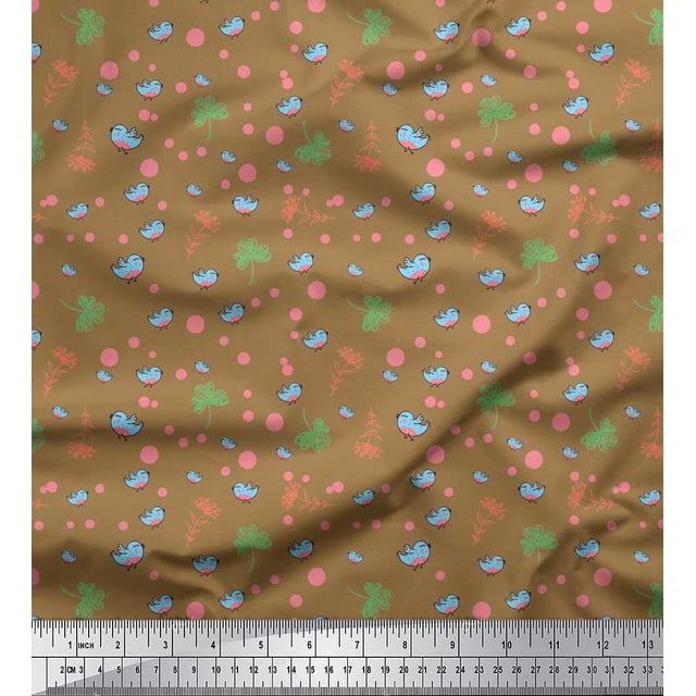 Soimoi Rayon Fabric Dot,Leaves & Bird Cartoon Print Fabric by The Yard 42 Inch Wide