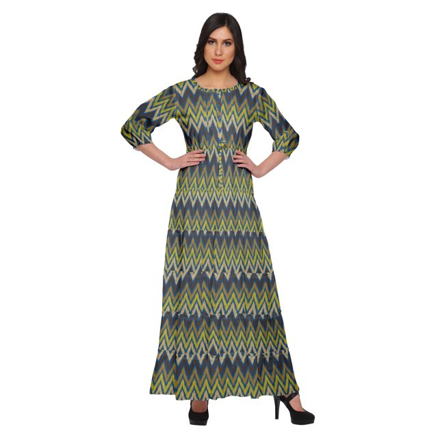 Moomaya Round Neck 3/4 Sleeve Long Dress For Women Plus Size Summer Clothing