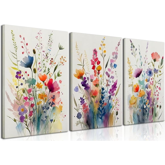 Ensemble Encadré de Toiles Murales Colorées de Fleurs Sauvages, Ensemble de 3 Images de Fleurs, Impressions de Fleurs, Impression Florale, Aquarelles Florales, Déco Murale de Fleurs, Salon, Chambre de Fille, Salle de Bain 12"x16"x3