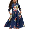 thumbnail image 2 of Robe d'Été Vintage pour Femme, Ligne A, Élégante, Imprimé Floral, Taille Haute, Manches Longues, Robe Soleil, Col Rond, Soirée, Grande Taille, 2 of 2