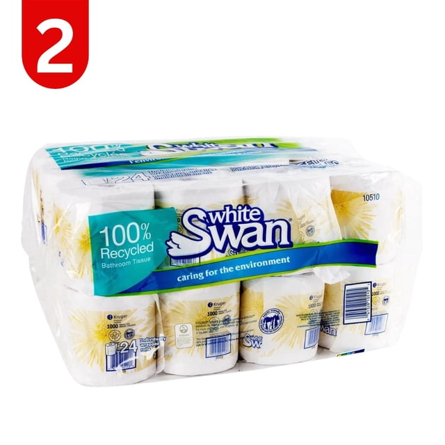 White Swan 1-ply Individually Wrapped Bathroom Tissue Rolls, 24-pack, 2-Pack. A bundle of 48 rolls of 1-ply toilet paper, made from 100% recycled materials. Each roll is individually wrapped for hygiene and convenience, with dimensions of 10.7 cm × 10.2 cm (4.2 in. × 4 in.) and 1,000 sheets per roll. The packaging highlights eco-friendly features and the White Swan branding.