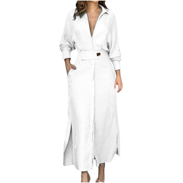 AherBiu Robe de Bureau Décontractée pour Femmes à Manches Longues, Col à Revers, Col en V, Froncée, Ligne A, Grande, avec Poches