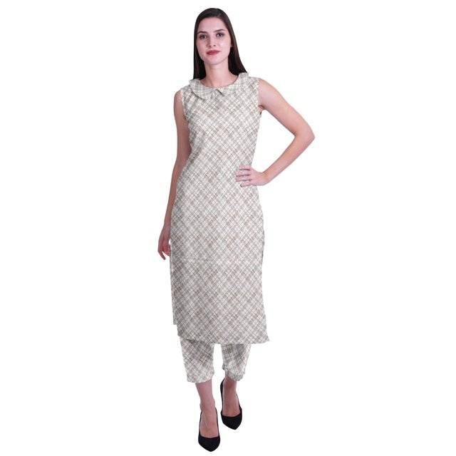 Moomaya Ensemble Kurta et Pantalon Sans Manches pour Femmes à Col Peter Pan Imprimé, Ensemble Ethnique 2 Pcs