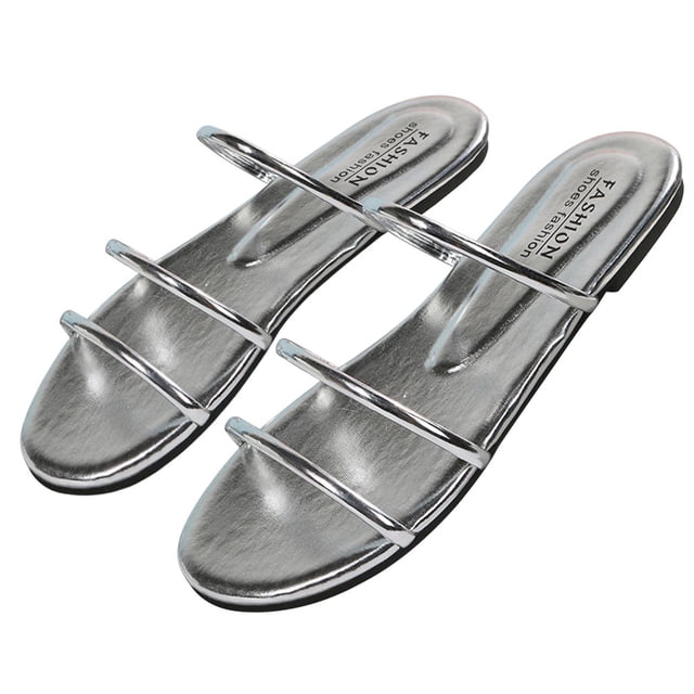 yulier Strappy Flat Sandals for Women, Open Toe Slide Sandals for Summer Beach Holiday Outdoor (Silver)